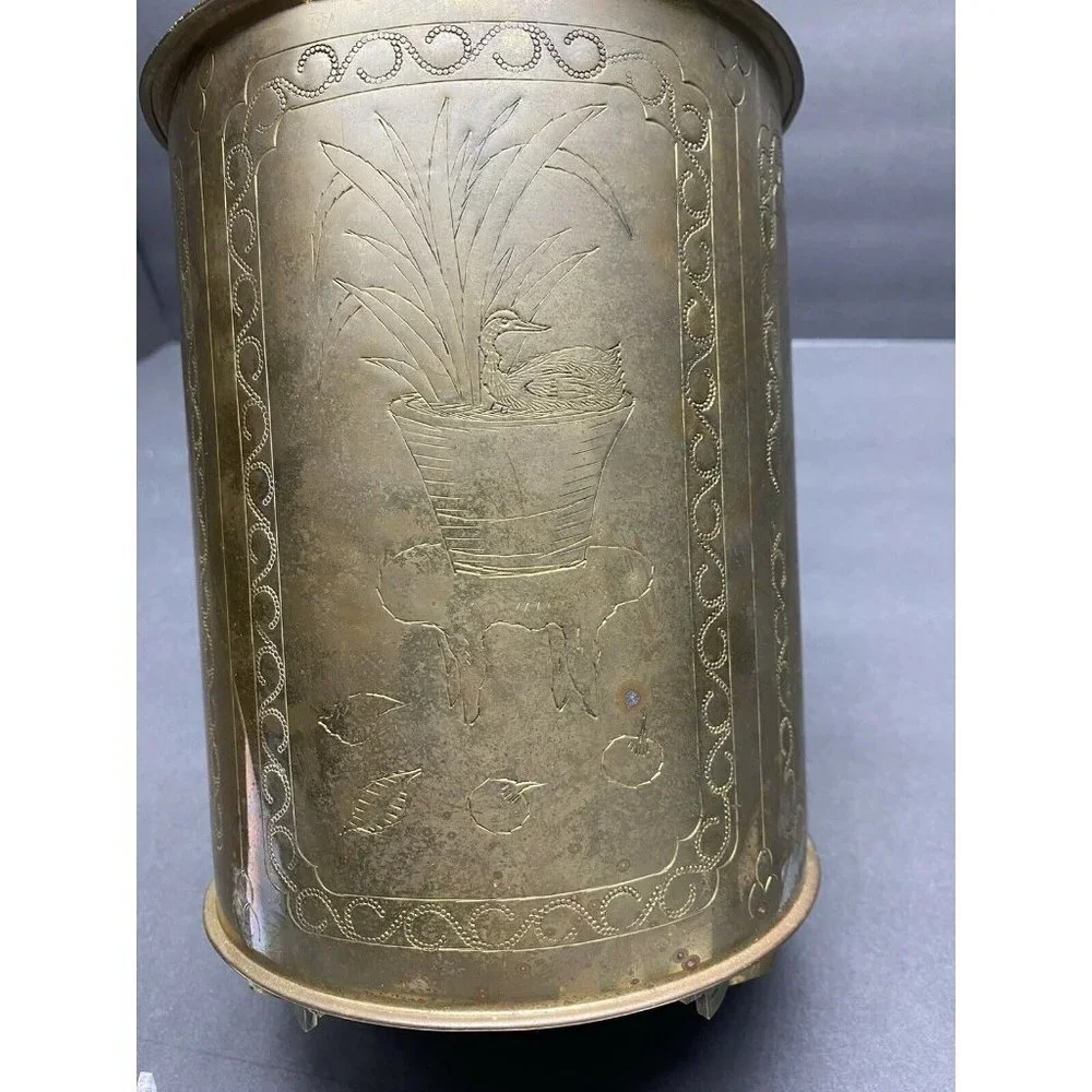 VTG 50s Brass‎ Tea Canister Jar Container Floral Etched Gold 12.5